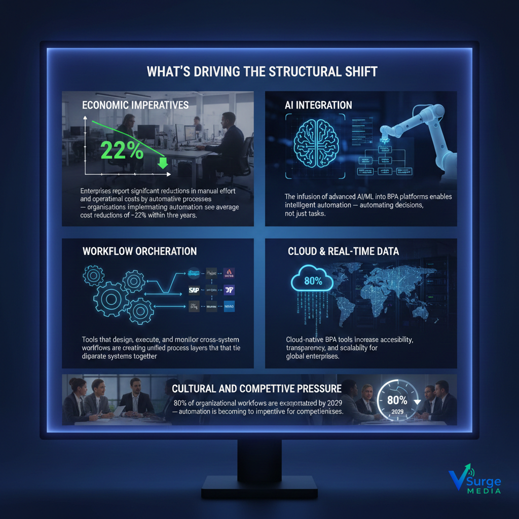A digital infographic showing key drivers of the structural shift in business process automation, including economic imperatives, AI and machine learning integration, workflow orchestration, cloud-based real-time data, and cultural competitiveness, designed to illustrate why automation adoption is accelerating globally.