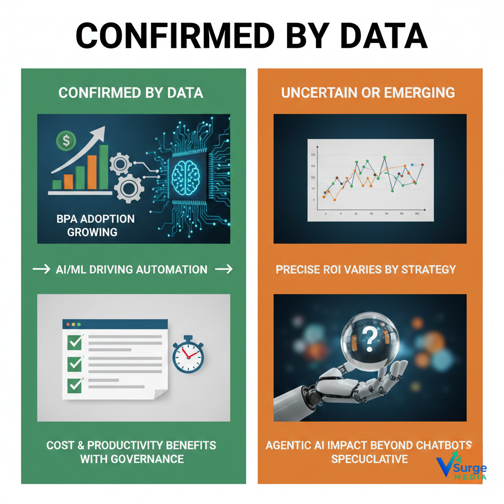 A comparison visual distinguishing what is confirmed by data versus what remains uncertain in business process automation, showing verified growth in BPA adoption and AI-driven automation on one side, and variable ROI outcomes and speculative agentic AI impact on the other.