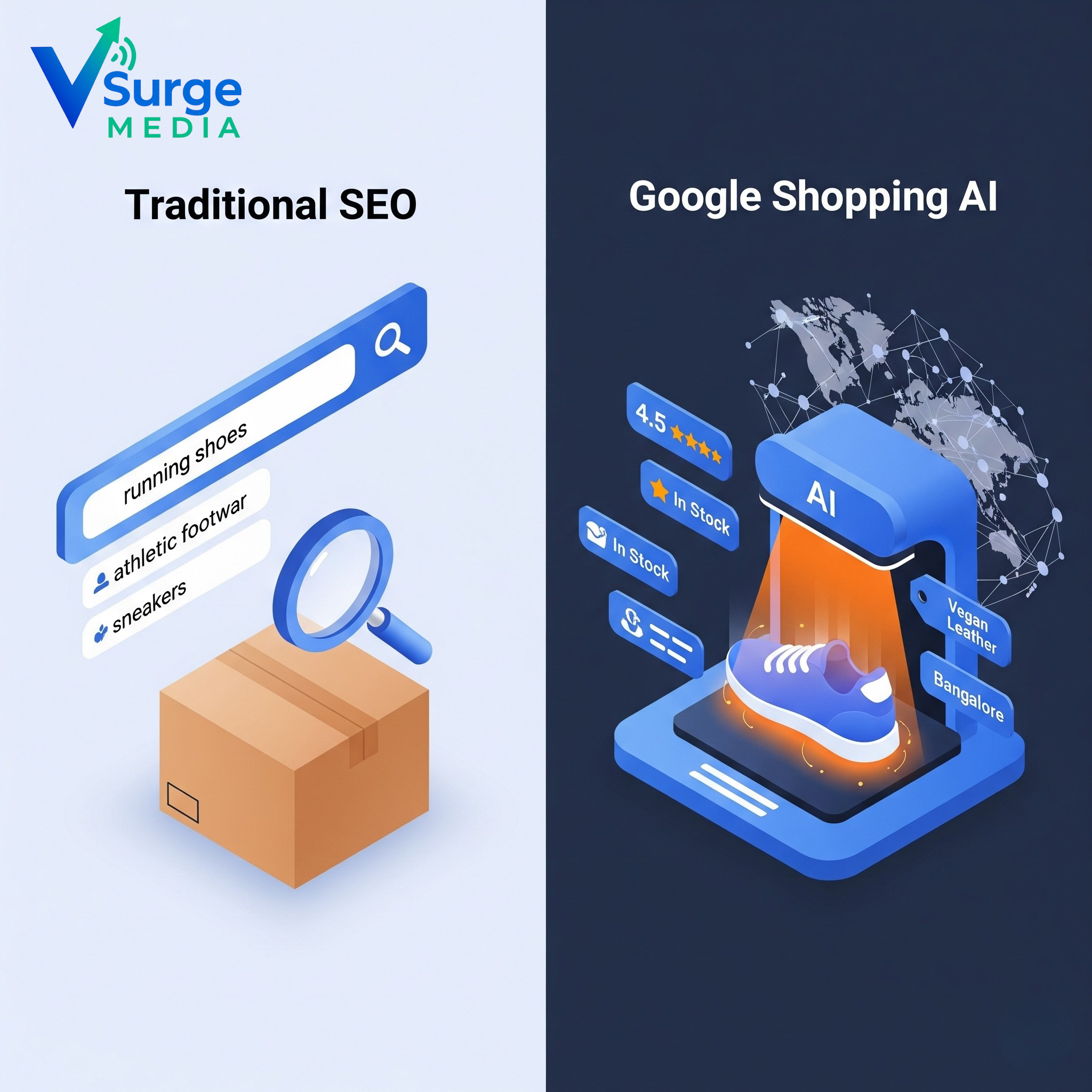 Traditional SEO vs Google Shopping AI comparison for D2C brands showing product attribute scanning and GEO strategy