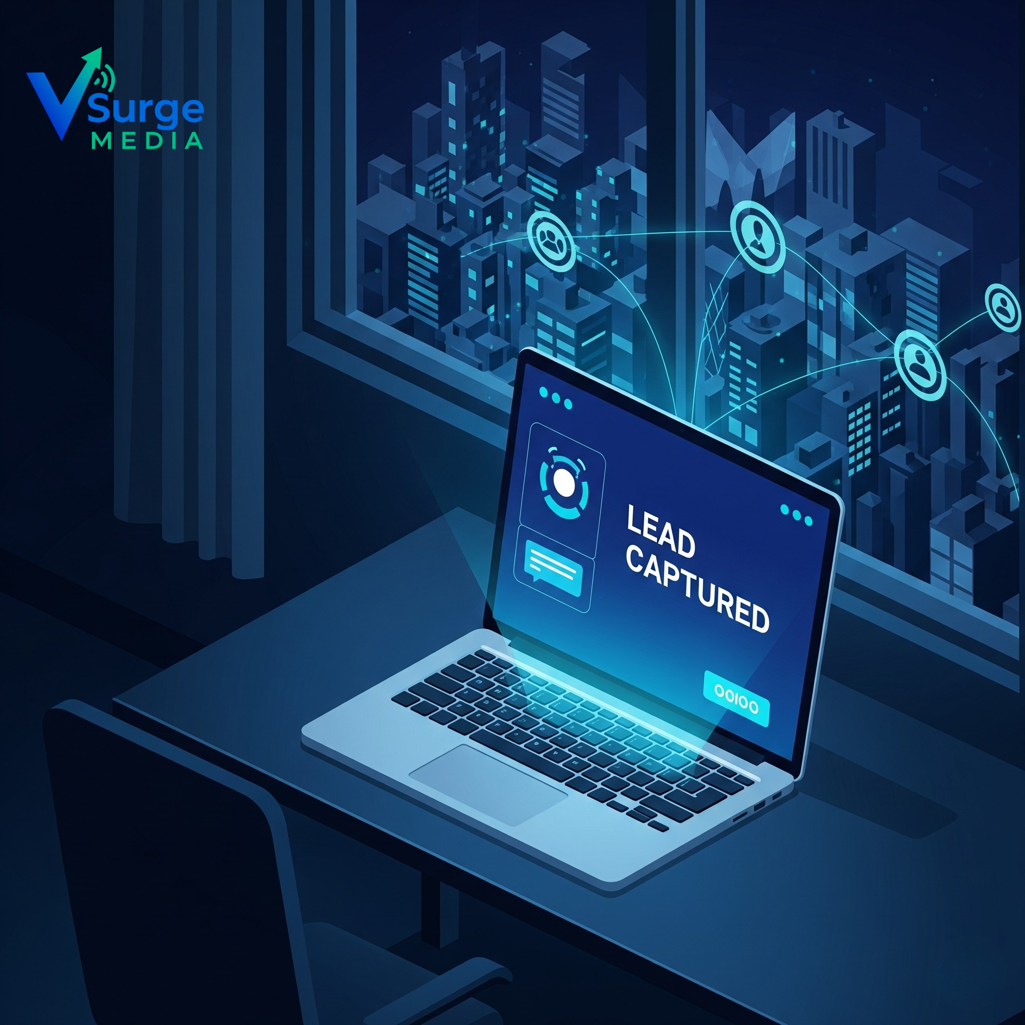 AI Chatbot Development Bangalore illustration showing 24/7 lead generation on laptop with night skyline