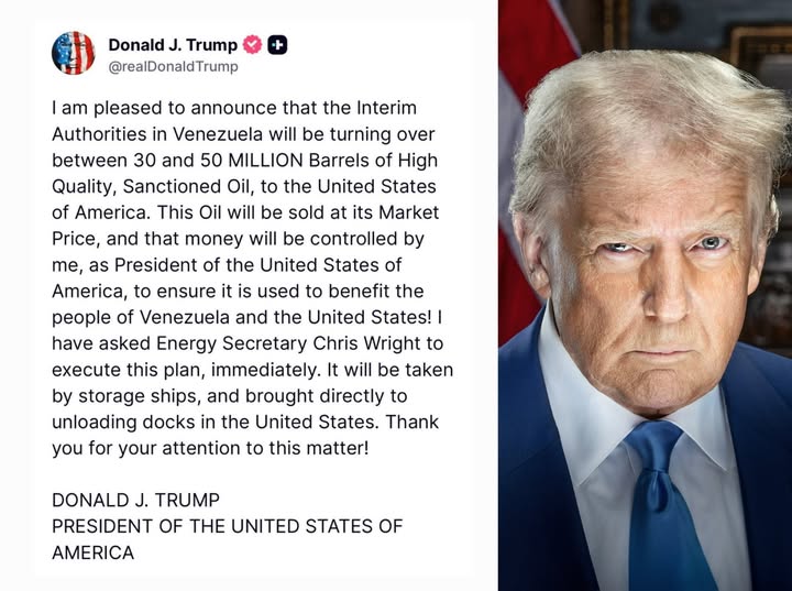 Side-by-side image showing a text post attributed to Donald J. Trump alongside a formal portrait photograph